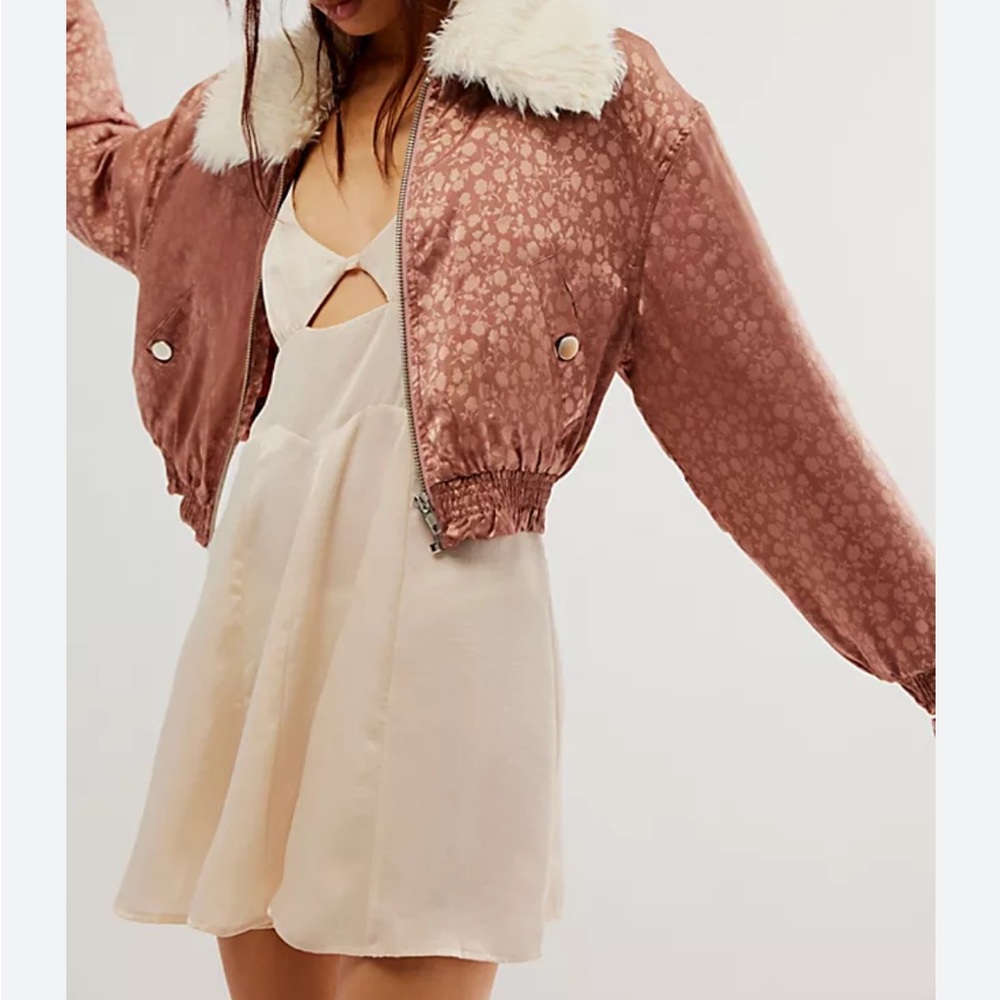 Free People Pink Bomber Jacket with Faux Fur Collar